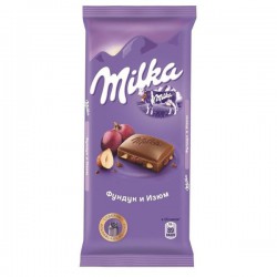 Шоколад, Milka (Милка) 90 г с фундуком и изюмом молочный